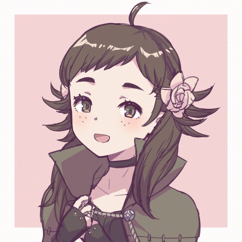 1girl brown_eyes brown_hair choker collared_cloak fire_emblem fire_emblem_fates flower freckles hair_flower hair_ornament karinosuke mozu_(fire_emblem) nintendo open_mouth solo white_flower wrist_guards