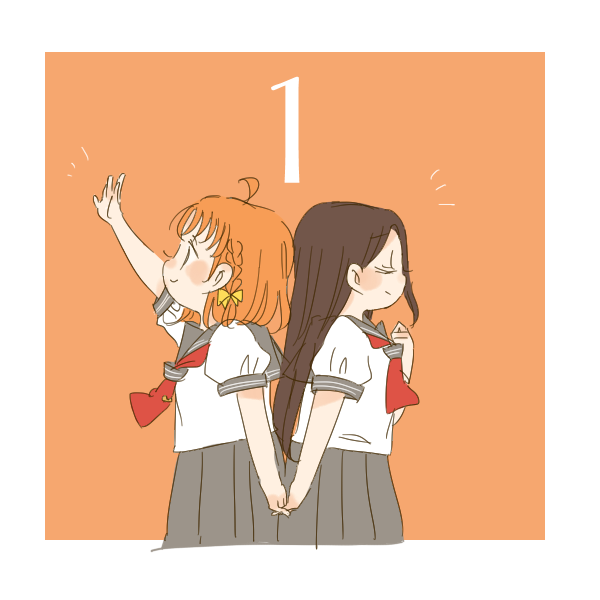 2girls ahoge animification arm_up border bow braid brown_hair closed_eyes commentary countdown grey_sailor_collar grey_skirt hair_bow holding_hands inami_anju kase_(ks_lys) long_hair love_live! love_live!_sunshine!! medium_hair multiple_girls neckerchief orange_background orange_hair pleated_skirt profile real_life sailor_collar school_uniform serafuku shirt side_braid sideways_mouth simple_background single_braid skirt smile summer_uniform takami_chika tie_clip uranohoshi_school_uniform voice_actor voice_actor_connection white_border white_shirt yellow_bow