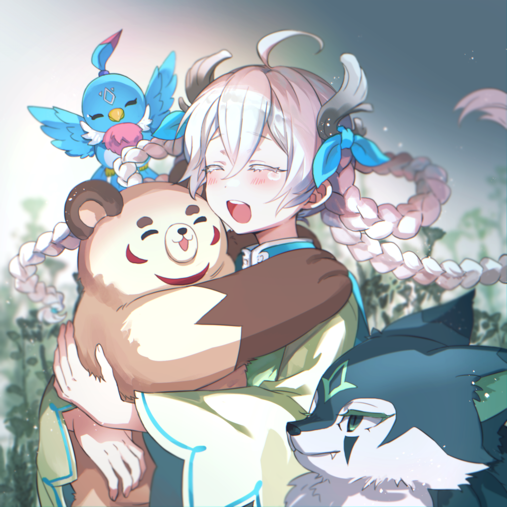 1girl :d ahoge animal animal_hug blue_eyes blurry blurry_background blush braid character_request closed_eyes colored_eyelashes depth_of_field green_jacket hair_between_eyes hair_rings jacket leafwow long_hair long_sleeves maplestory open_mouth smile solo tears very_long_hair wide_sleeves