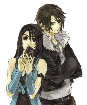 1boy 1girl arm_ribbon belt black_belt black_eyes black_gloves black_hair black_jacket black_ribbon black_tank_top blue_eyes box brown_hair chain chain_necklace commentary_request cropped_jacket crossed_arms detached_sleeves expressionless final_fantasy final_fantasy_viii fur-trimmed_jacket fur_trim gloves hair_over_shoulder hands_up hinokami holding holding_box jacket jewelry long_hair long_sleeves looking_at_another lowres necklace open_clothes open_jacket own_hands_together parted_lips pendant ribbon rinoa_heartilly scar scar_on_face shirt short_hair simple_background sleeveless_duster smile squall_leonhart tank_top upper_body v-neck white_background white_fur white_shirt