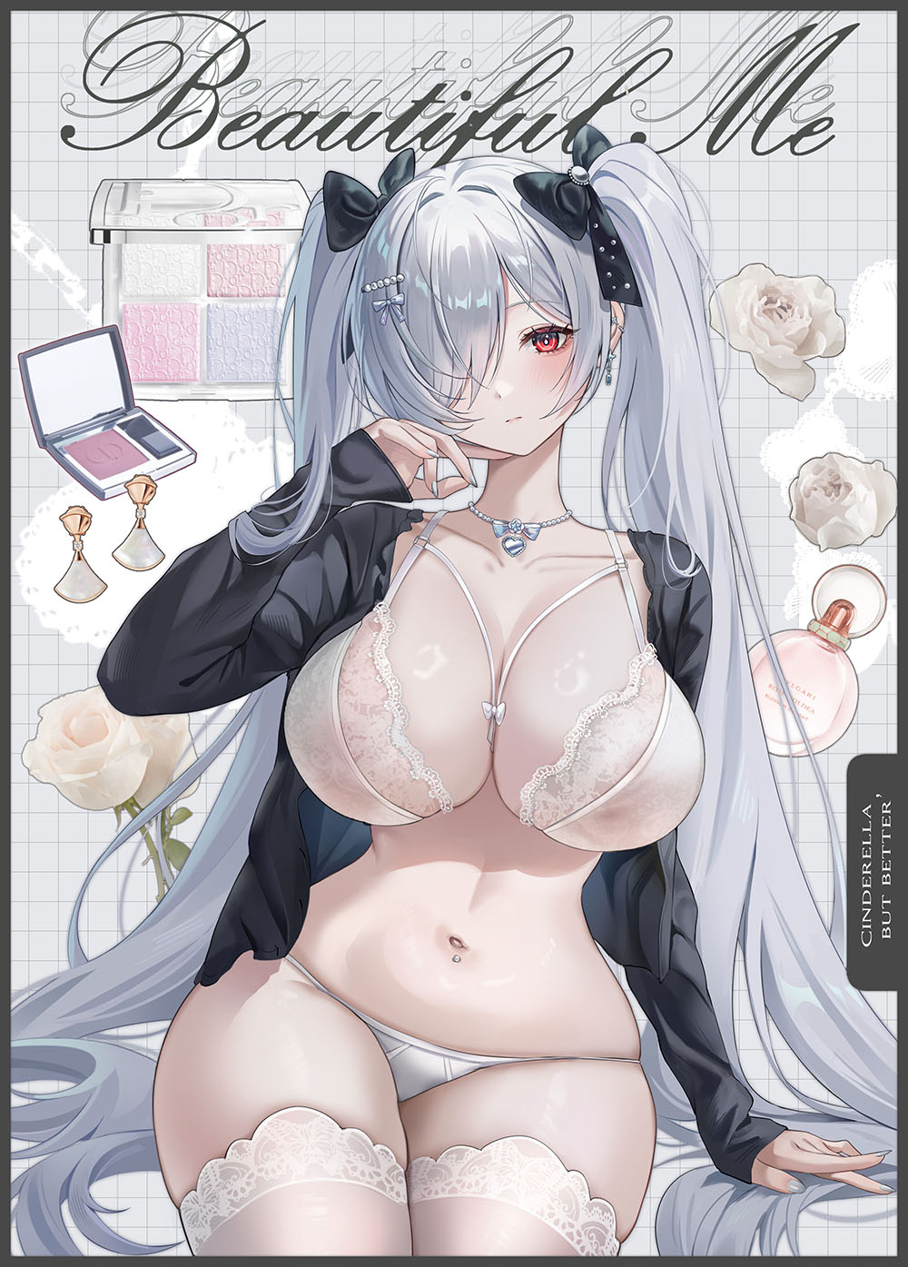 1girl alternate_costume black_bow black_jacket black_panties blush bow bra breasts choker cinderella_(beautiful_me)_(nikke) cinderella_(nikke) cleavage closed_mouth earrings flower goddess_of_victory:_nikke hair_bow hair_ornament hair_over_one_eye highres jacket jewelry lace lace-trimmed_bra lace_trim large_breasts long_hair long_sleeves makeup midriff mrr_05 navel necklace official_alternate_costume open_clothes open_jacket panties red_eyes solo stomach thighhighs thighs twintails underwear very_long_hair white_bra white_hair white_thighhighs
