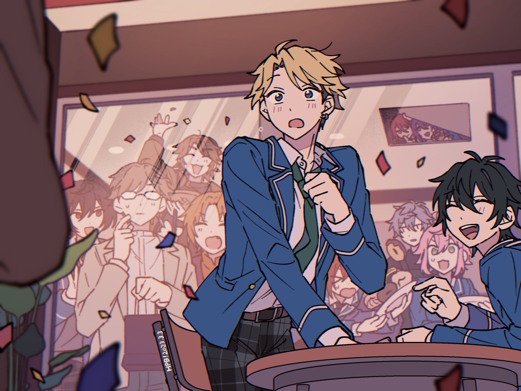 6+boys ayase_mayoi belt bishounen blurry chromatic_aberration clenched_hand confetti dated depth_of_field donut dropped_food ensemble_stars! film_grain food hand_up happy_birthday highres himemiya_tori indoors kagehira_mika kunugi_akiomi leaning_forward light_blush male_focus mikejima_madara multiple_boys narukami_arashi niyororinpayamaru open_mouth plant plate pointing potted_plant sakasaki_natsume sakuma_ritsu school_uniform sena_izumi_(ensemble_stars!) shirt_tucked_in solo_focus standing suou_tsukasa surprised throwing throwing_confetti tsukinaga_leo vent_(object)