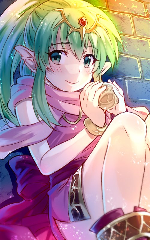 1girl blush bracelet child dress female_focus fire_emblem fire_emblem:_mystery_of_the_emblem fire_emblem:_new_mystery_of_the_emblem fire_emblem:_shadow_dragon fire_emblem:_shadow_dragon_and_the_blade_of_light green_eyes green_hair holding jewelry looking_at_viewer nintendo pendant pink_dress pink_scarf pointy_ears ponytail scarf sitting smile solo tiara tiki_(fire_emblem) tiki_(young)_(fire_emblem) yuki_(sumaburalove)