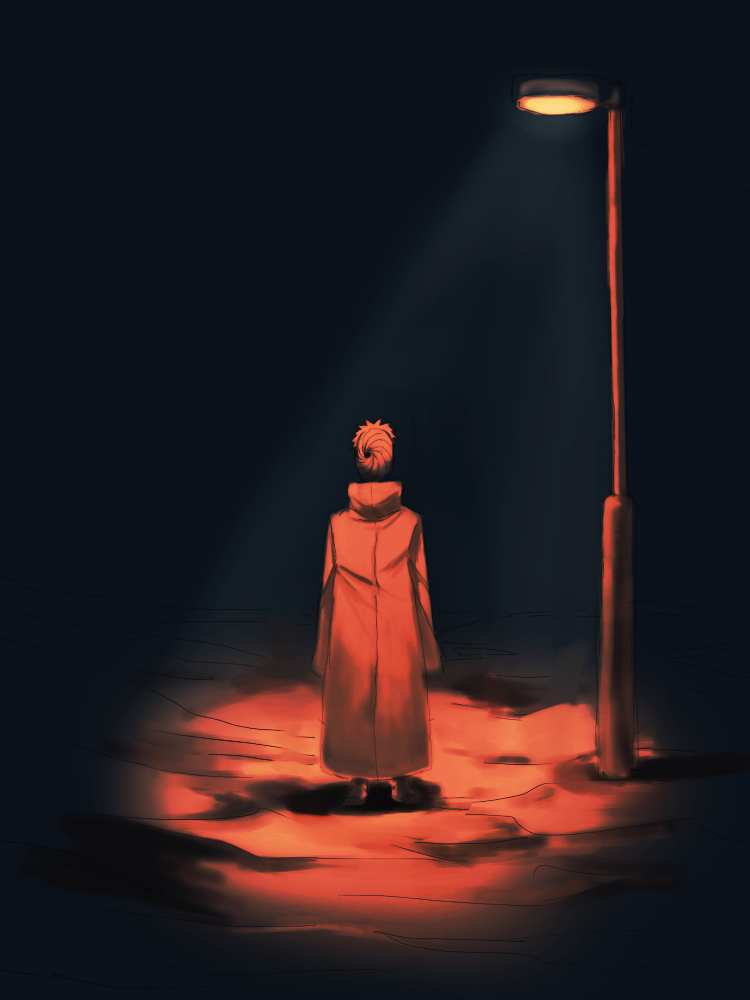 1boy akatsuki_uniform black_hair commentary full_body high_collar lamppost limited_palette long_sleeves looking_at_viewer male_focus mask masked_madara naruto_(series) naruto_shippuuden night obobkkp outdoors short_hair solo spot_color standing tobi_(naruto) uchiha_obito