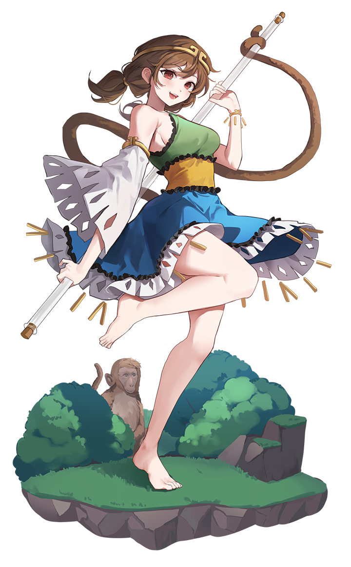 1girl :d barefoot blue_dress breasts brown_hair circlet detached_sleeves dress faux_figurine full_body green_dress holding holding_polearm holding_weapon holding_with_tail long_sleeves medium_breasts medium_hair monkey monkey_tail open_mouth polearm ponytail prehensile_tail red_eyes sarukana second-party_source sideboob simple_background single_bare_shoulder smile solo son_biten tail test_tube touhou transparent_background weapon white_sleeves wide_sleeves yellow_dress