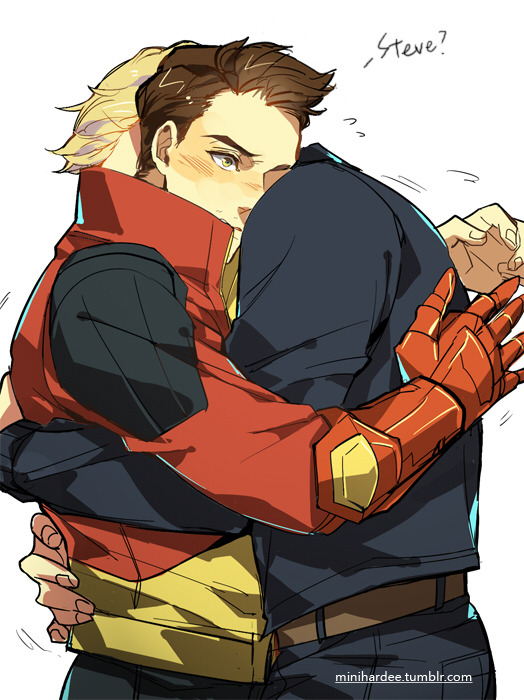 2boys animification armor avengers_(series) avengers_academy belt black_jacket black_pants blonde_hair blush brown_belt brown_hair english_text fingernails flying_sweatdrops hands_up hug jacket long_sleeves male_focus marvel minihardee multicolored_jacket multiple_boys pants power_armor red_armor red_jacket short_hair simple_background standing steve_rogers teeth tony_stark white_background yaoi yellow_eyes yellow_jacket