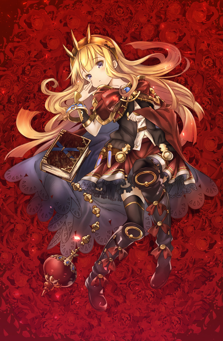 10s 1girl armor belt blonde_hair boots bow bracelet brooch cagliostro_(granblue_fantasy) cape female_focus flower full_body granblue_fantasy hairband head_tilt jewelry kawakami_shuuichi knee_boots long_hair lying md5_mismatch on_back parted_lips purple_eyes red_background red_bow red_cape red_skirt resolution_mismatch ring rose skirt solo source_larger spiked_hairband spikes test_tube thighhighs