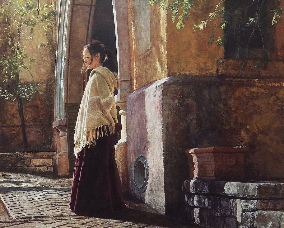 1girl black_hair building day leaf naohiro_ito original painting_(medium) ponytail scenery shadow sunlight traditional_media tree veil watercolor_(medium) white_veil window