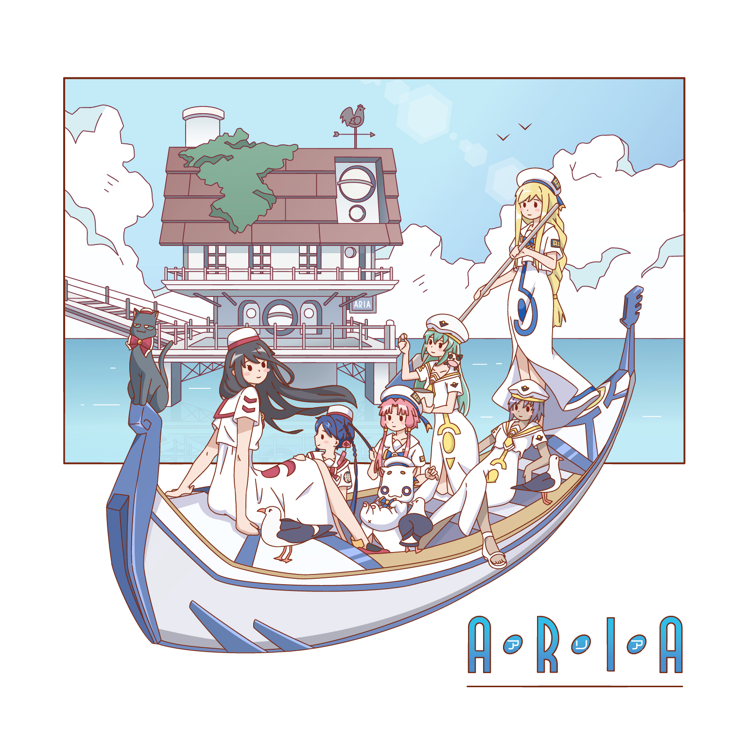 6+girls aika_granzchesta akira_ferrari alice_carroll alicia_florence aria_(manga) aria_company_uniform aria_pokoteng athena_glory beret bird black_cat black_hair blonde_hair blue_bow blue_bowtie blue_hair blue_ribbon blush_stickers bow bowtie braid braided_ponytail cat closed_mouth cloud cloudy_sky commentary copyright_name crossed_legs day dress empty_eyes floating_hair gold_trim gondola green_hair hair_ornament hat hat_ribbon highres hime_granzchesta himeya_company_uniform holding holding_oar lai_wenhan leaning_back logo long_hair medium_hair mizunashi_akari multiple_girls necktie oar ocean orange_planet_uniform outdoors parted_bangs pink_hair president_maa purple_hair red_bow red_bowtie red_hat ribbon sailor_collar sandals seagull short_hair_with_long_locks short_sleeves side_slit sidelocks sitting sky standing toes twin_braids white_cat white_dress white_hat yellow_necktie
