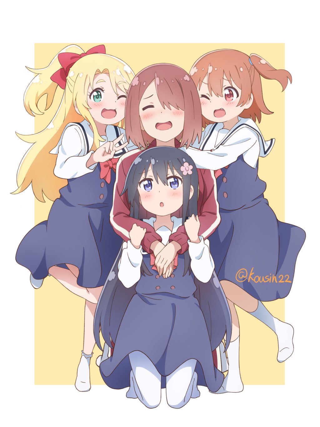 4girls :o ;3 ;d black_hair blonde_hair blue_dress blue_eyes blush border bow brown_hair closed_eyes commentary dress fang flower green_eyes hair_between_eyes hair_bow hair_flower hair_ornament hair_over_one_eye happy hashtag-only_commentary highres himesaka_noa hoshino_hinata hoshino_miyako_(wataten) hug hug_from_behind jacket kneeling kousin leg_up long_hair long_sleeves looking_at_another looking_at_viewer looking_to_the_side looking_up multiple_girls no_shoes one_eye_closed one_eye_covered one_side_up open_mouth pantyhose parted_bangs pinafore_dress pink_flower ponytail red_bow red_eyes red_jacket red_track_suit sailor_collar sailor_dress school_uniform shirosaki_hana shirt short_hair siblings sisters sleeveless sleeveless_dress smile socks standing standing_on_one_leg track_jacket track_suit twitter_username v very_long_hair watashi_ni_tenshi_ga_maiorita! white_border white_pantyhose white_sailor_collar white_shirt white_socks yellow_background