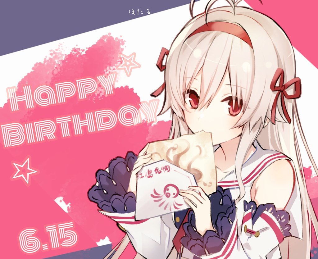 1girl antenna_hair armpit_crease artist_name assault_lily bare_shoulders closed_mouth commentary_request detached_sleeves eating flatbread food food_in_mouth food_wrapper grey_hair hair_between_eyes hair_ribbon hairband hands_up happy_birthday holding holding_food hotaru_(ultraroly_poly) kawakubo_orika light_blush long_hair long_sleeves looking_at_viewer purple_background red_background red_eyes red_hairband red_ribbon ribbon sailor_collar school_uniform serafuku shirt sidelocks sleeveless sleeveless_shirt solo star_(symbol) upper_body white_background white_sailor_collar white_shirt wide_sleeves