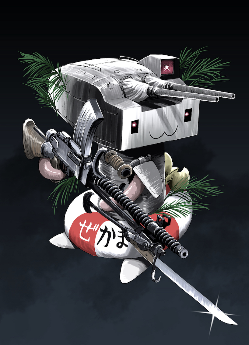 :3 bayonet bipod black_background glowing glowing_eyes gun kantai_collection light_machine_gun machine_gun matsuda_juukou personification plant propeller red_eyes rensouhou-chan ship_turret smoke standing type_99_light_machine_gun weapon