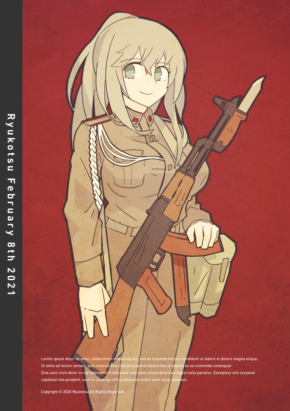 1girl akm ammunition_pouch aqua_eyes arm_at_side artist_name assault_rifle bayonet belt breasts brown_belt brown_pants brown_shirt buttoned_cuffs buttons collar_tabs collared_shirt commentary_request copyright_notice dated english_text feet_out_of_frame grey_hair gun gun_sling hair_between_eyes hair_over_shoulder kalashnikov_rifle large_breasts latin_text leaning_to_the_side long_hair lorem_ipsum military military_uniform original pants partial_commentary pouch red_background rifle ryuukotsu sheath shirt shoulder_boards sideways_glance simple_background smile soldier solo soviet soviet_army standing weapon