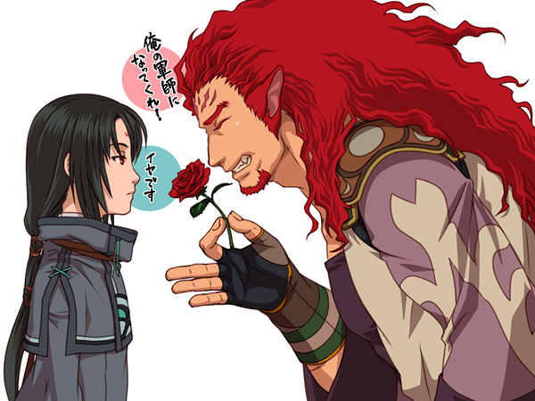 2boys ^_^ animal_ears beard bent_over black_hair closed_eyes curly_hair facial_hair facial_mark fingerless_gloves fire_emblem fire_emblem:_radiant_dawn flower forehead_mark gloves grin kobashi_(hodohodo) long_hair multiple_boys nintendo ponytail red_eyes rose skrimir_(fire_emblem) smile soren_(fire_emblem)