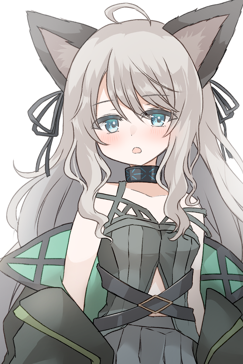 1girl ahoge animal_ears arknights bare_shoulders black_collar black_dress black_jacket blue_eyes cat_ears collar collarbone commentary_request dress grey_hair hair_between_eyes highres jacket long_hair looking_at_viewer mint_(arknights) off_shoulder open_clothes open_jacket parted_lips simple_background sleeveless sleeveless_dress solo strap_slip tififox upper_body very_long_hair white_background