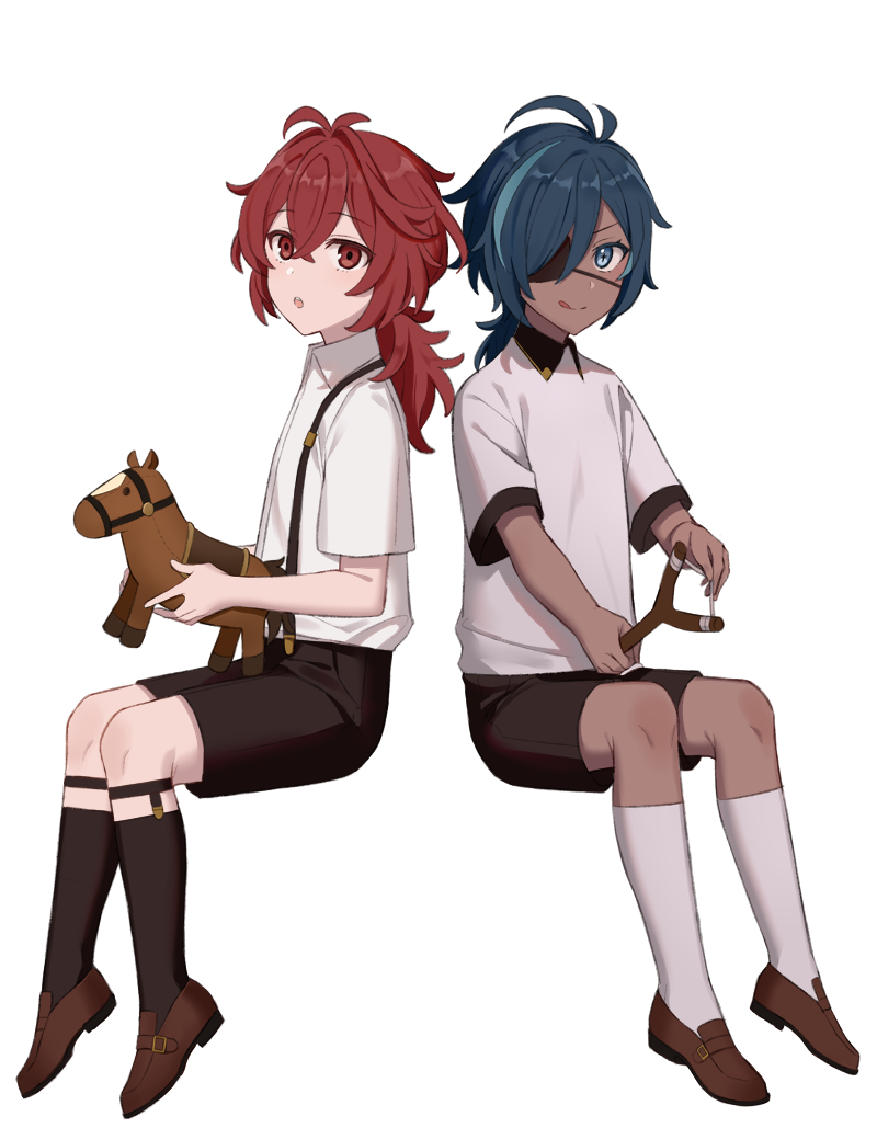 2boys :o :q aged_down antenna_hair black_shorts black_socks blue_eyes blue_hair border brown_shoes brown_thighhighs child closed_mouth collared_shirt commentary crossed_bangs dark-skinned_male dark_skin diluc_(genshin_impact) eyepatch full_body genshin_impact grey_background hair_between_eyes hair_intakes holding holding_slingshot holding_stuffed_toy kaeya_(genshin_impact) kn_(akairo0530) kneehighs long_hair looking_at_viewer low_ponytail male_focus multicolored_hair multiple_boys one_eye_covered open_mouth outside_border parted_bangs ponytail red_eyes red_hair shirt shirt_tucked_in shoes short_shorts short_sleeves shorts sidelocks simple_background slingshot_(weapon) smile socks step-siblings streaked_hair stuffed_animal stuffed_horse stuffed_toy suspender_shorts suspenders swept_bangs teeth thighhighs tongue tongue_out upper_teeth_only white_background white_border white_shirt white_socks white_thighhighs wing_collar