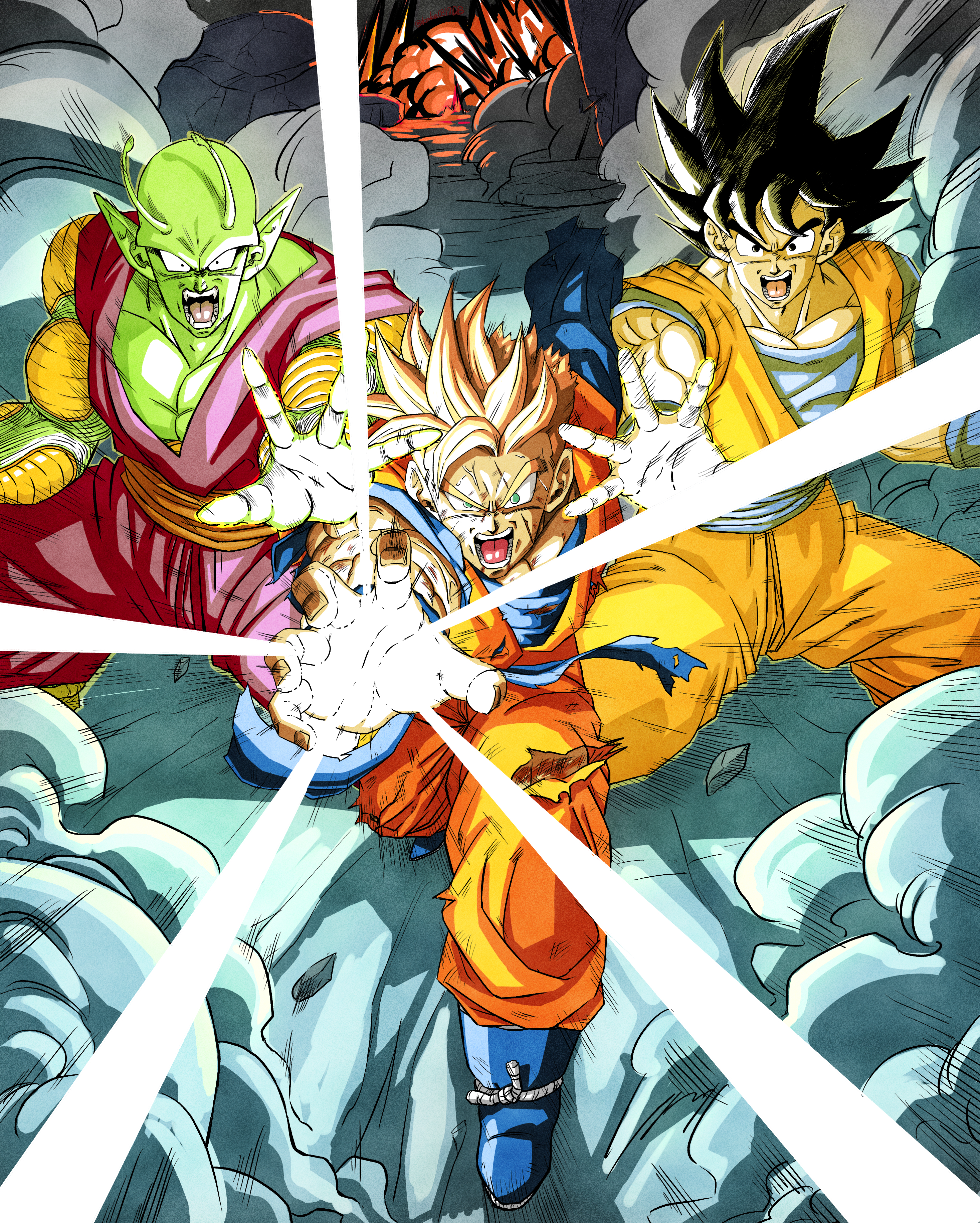 3boys absurdres alternate_universe amputee antennae bald black_hair blonde_hair blue_footwear blue_sash boots collarbone colored_skin commentary_request debris dougi dragon_ball dragon_ball_z_dokkan_battle dragonball_z explosion facing_viewer full_body glowing glowing_hand green_eyes green_sky highres horse_stance kamehameha_(dragon_ball) karigurashi_no_kakarotty looking_at_viewer multiple_boys muscular muscular_male open_mouth orange_pants orange_sash orange_shirt pants pectorals piccolo purple_pants purple_shirt rope sash scar scar_across_eye scar_on_face shirt sky smoke son_gohan_(future) son_goku spiked_hair super_saiyan teeth torn_clothes v-shaped_eyebrows wind