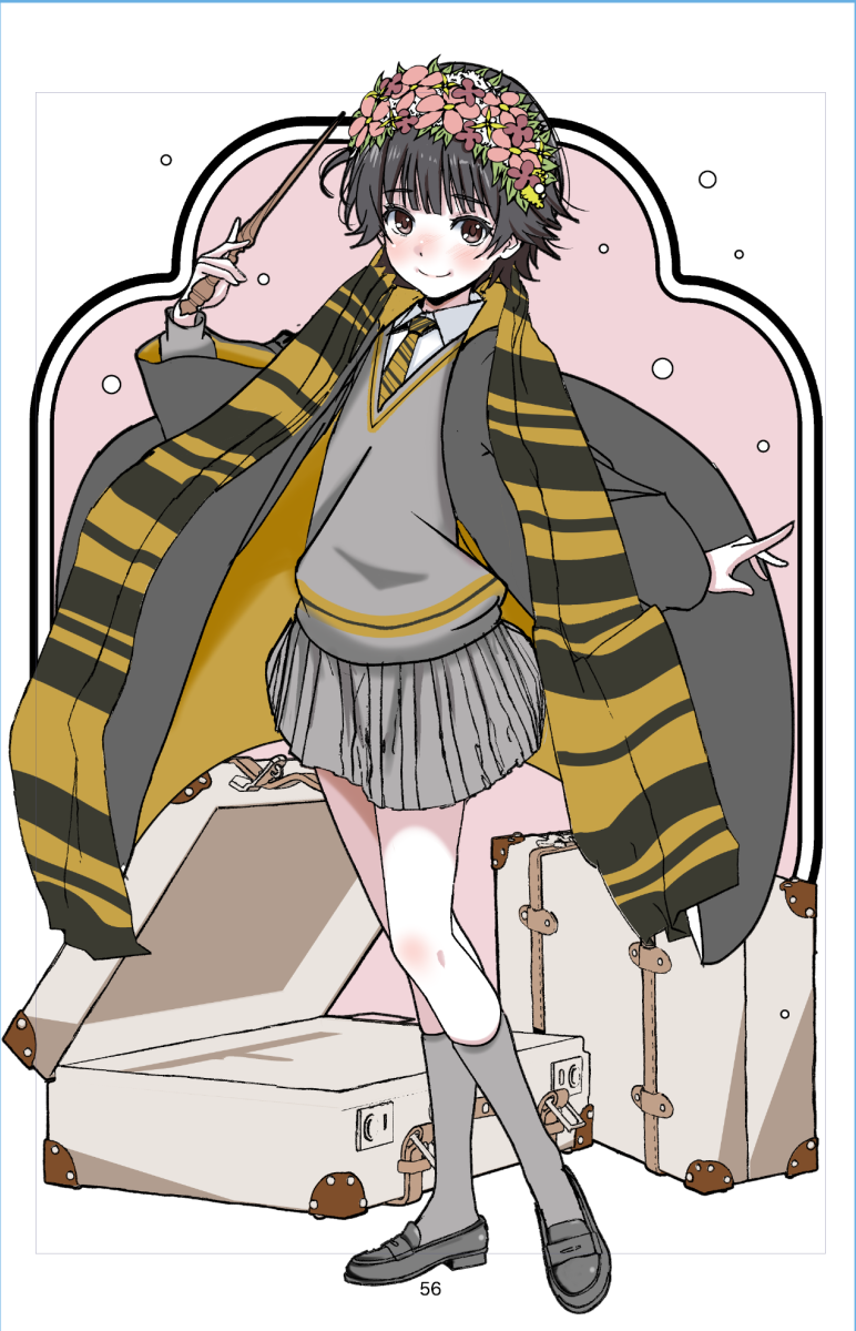 1girl black_cape black_necktie black_scarf black_shoes black_trim blush border breasts brown_eyes cape cloak closed_mouth collared_shirt commentary_request diagonal-striped_clothes diagonal-striped_necktie dress_shirt floating_cape floating_clothes flower full_body grey_skirt grey_socks grey_sweater hair_flower hair_ornament hand_up harry_potter_(series) head_wreath heel_up highres holding holding_wand hufflepuff kneehighs loafers long_sleeves looking_at_viewer necktie niea nose_blush outstretched_arms parody partially_colored pink_background pink_flower pleated_skirt scarf school_uniform shirt shoes short_hair skirt small_breasts smile socks solo squeans standing striped_clothes striped_scarf suitcase sweater sweater_vest toaru_kagaku_no_railgun toaru_majutsu_no_index trim_marks two-sided_cloak two-sided_fabric uiharu_kazari v-neck wand white_background white_border white_hair white_shirt wizarding_world yellow_cape yellow_cloak yellow_necktie yellow_scarf yellow_trim