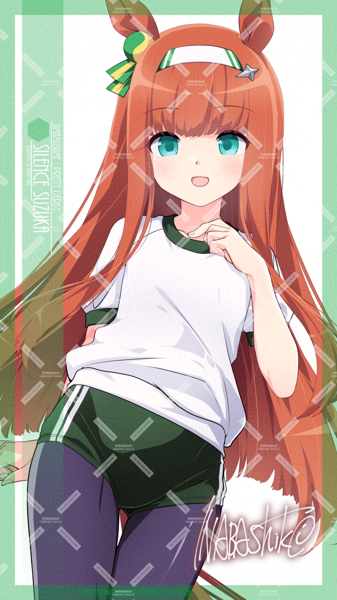 1girl adversarial_noise animal_ears artist_name blunt_bangs buruma character_name cowboy_shot ear_covers green_buruma gym_shirt gym_uniform hairband highres hime_cut horse_ears horse_girl horse_tail inaba_shiki long_hair looking_at_viewer orange_hair pantyhose_under_buruma shirt signature silence_suzuka_(umamusume) smile solo t-shirt tail thigh_gap umamusume watermark watermark_grid white_hairband white_shirt