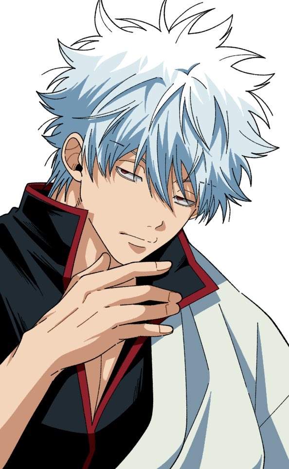 1boy black_shirt blue_hair closed_mouth gintama hadanugi_dousa hand_up japanese_clothes kimono looking_at_viewer male_focus messy_hair open_kimono popped_collar red_eyes sakata_gintoki shirt short_hair simple_background solo upper_body white_background white_kimono yubi_nui21