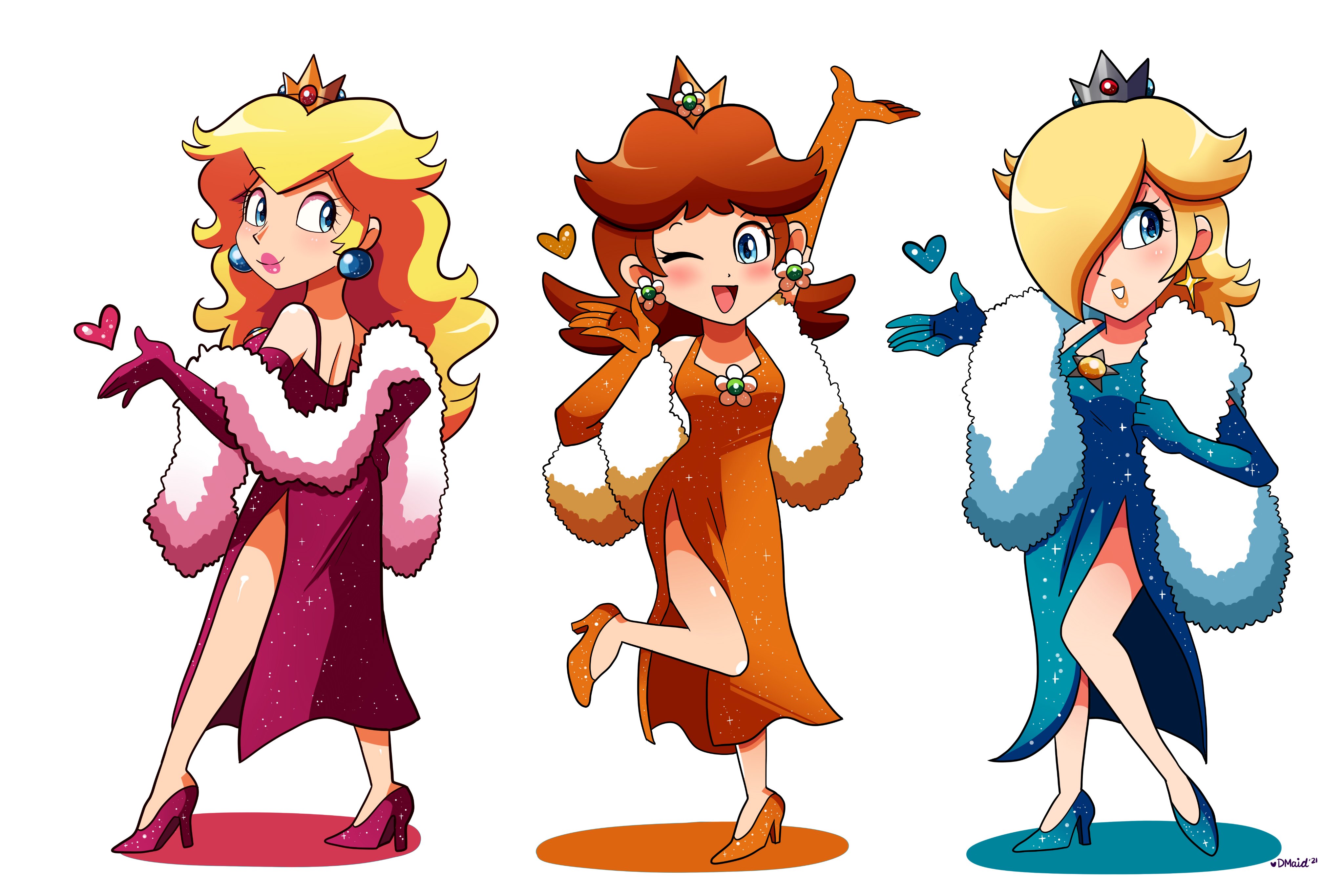 3girls absurdres alternate_costume aqua_eyes bare_shoulders blonde_hair blowing_kiss blue_coat blue_eyes breasts brown_hair coat crown detached_sleeves domestic_maid dress earrings feather_boa fur-trimmed_coat fur_trim glitter gloves happy high_heels highres jewelry lipstick makeup mario_(series) medium_breasts multiple_girls nintendo no_socks official_alternate_costume one_eye_closed one_eye_covered one_leg_raised orange_coat pendant pink_coat polka_dot princess_daisy princess_peach rosalina side_slit skirt smile strapless strapless_dress super_mario_all_stars