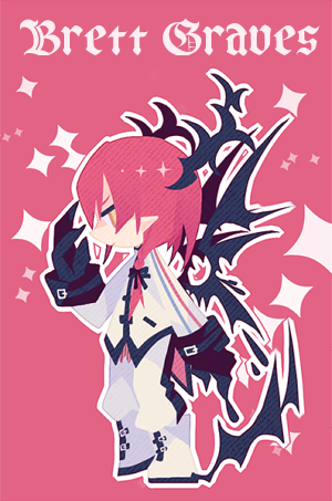 1boy boots brett_graves brown_eyes character_name chibi claws dragon_horns dragon_wings from_side full_body horns jitome lieat long_sleeves lowres male_focus miwasiba official_art pointy_ears profile red_background red_hair simple_background solo sparkle standing uniform white_boots wings