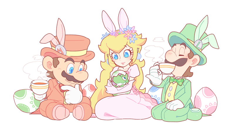 1girl 2boys animal_ears baby_yoshi blonde_hair blue_eyes bow bowtie brown_hair buttons closed_mouth cup dress drinking egg eyelashes facial_hair fake_animal_ears flower gloves green_headwear green_jacket green_neckwear green_pants hair_flower hair_ornament hand_on_own_chin hat holding hoshikuzu_pan jacket liquid long_hair luigi mario mario_(series) multiple_boys mustache nintendo pants pink_dress princess_peach rabbit_ears short_sleeves sitting smile steam stroking_own_chin super_mario_world vest white_gloves yellow_vest yoshi yoshi_egg