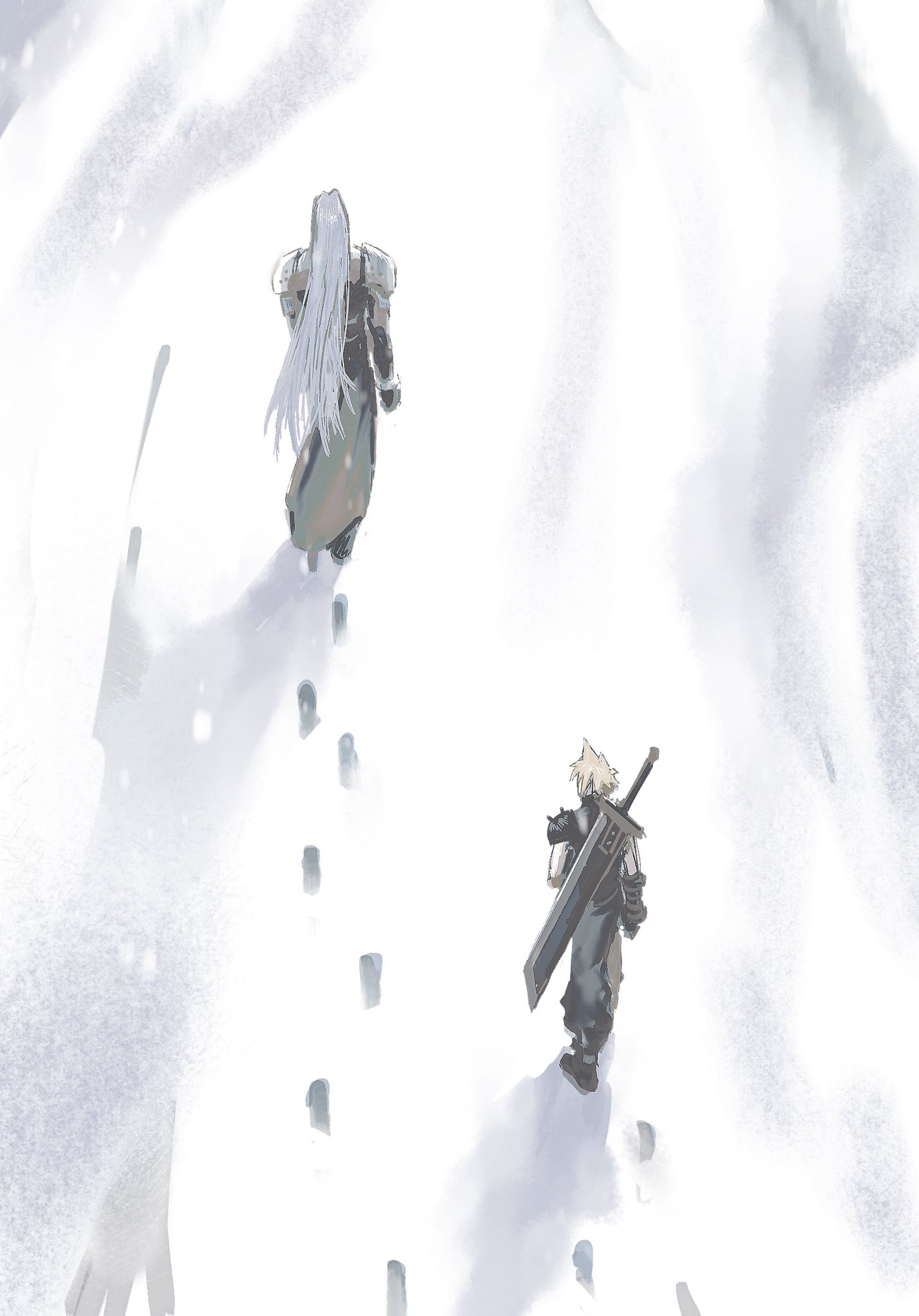 2boys armor black_coat black_gloves blonde_hair buster_sword cloud_strife coat final_fantasy final_fantasy_vii following footprints gloves grey_hair highres long_coat long_hair male_focus moyanwxy multiple_boys pauldrons sephiroth short_hair shoulder_armor sleeveless sleeveless_turtleneck snow spiked_hair sword turtleneck walking weapon winter
