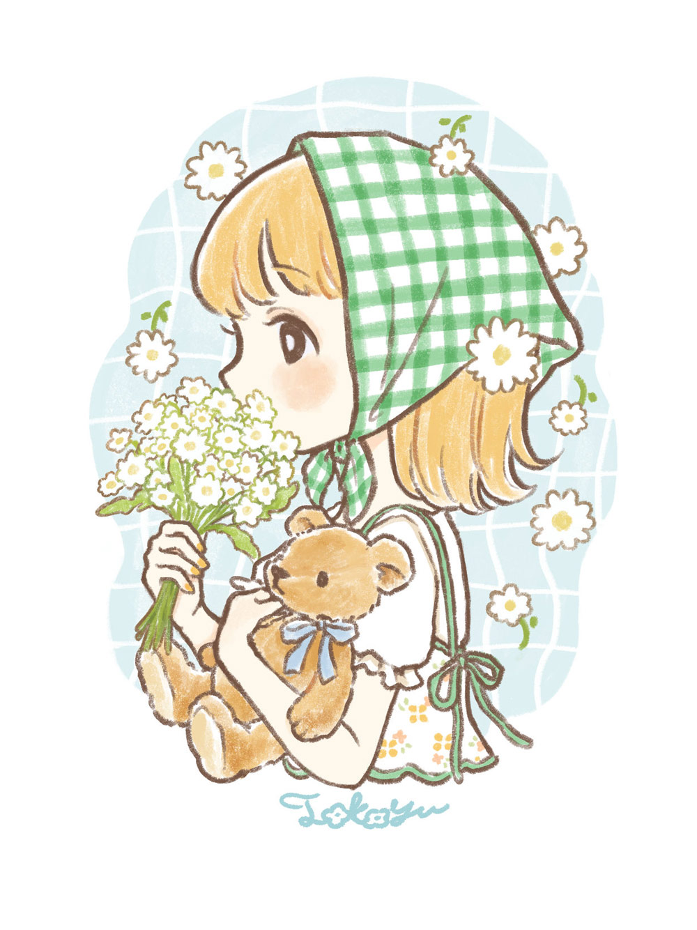 1girl apron black_eyes blonde_hair blue_ribbon bright_pupils commentary_request daisy_(flower) dress floral_print flower from_side green_headscarf grid_background headscarf highres holding holding_flower holding_stuffed_toy looking_to_the_side original print_apron profile ribbon short_hair short_sleeves signature solo stuffed_animal stuffed_toy teddy_bear tokoyu white_apron white_background white_dress white_flower white_pupils