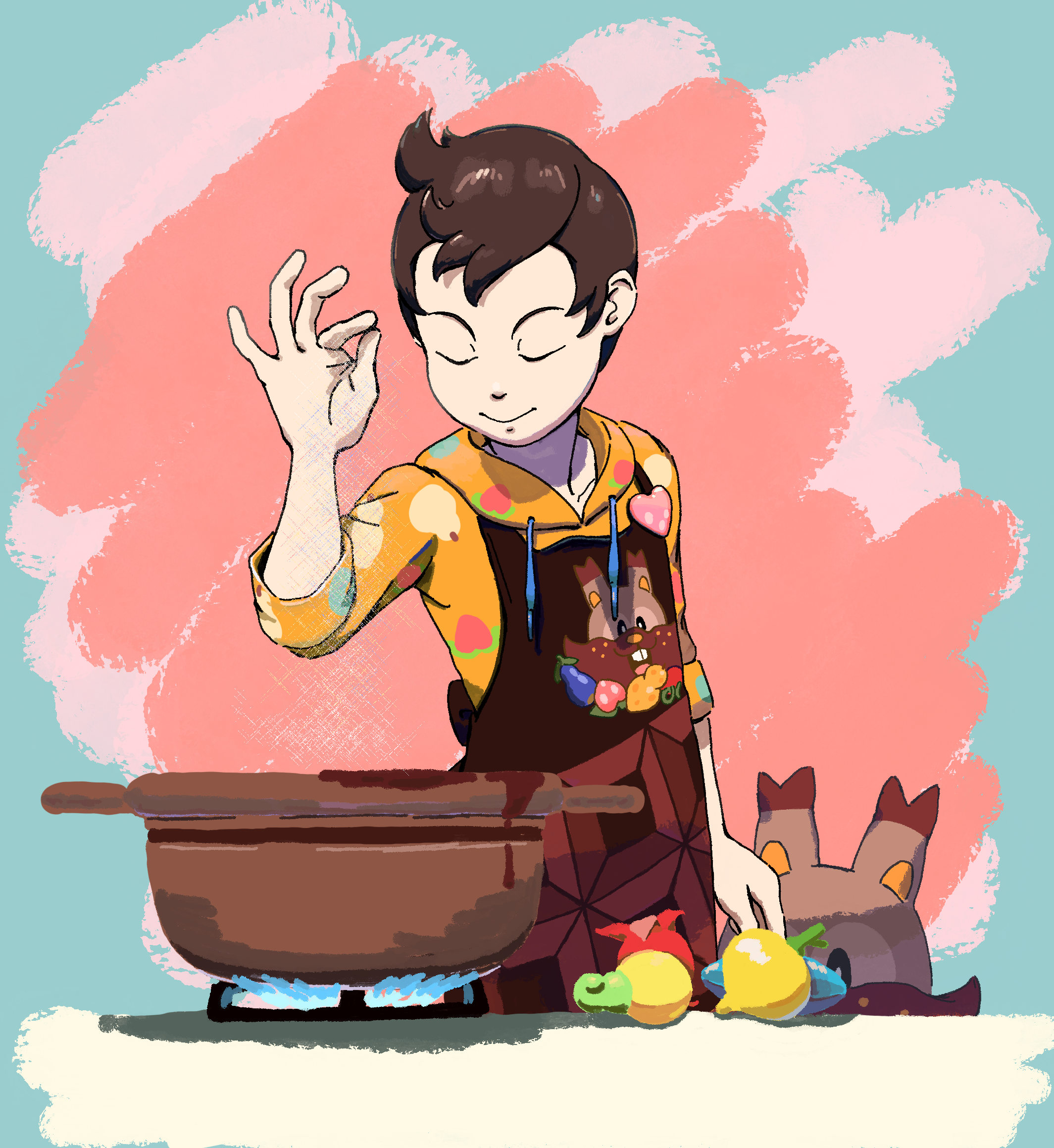 1boy apron berry_(pokemon) brown_apron brown_hair closed_eyes cooking_pot gen_8_pokemon greedent haban_berry highres hood hoodie male_focus meme nintendo official_alternate_costume orange_hoodie pokemon pokemon_(creature) pokemon_masters_ex salt_bae_(meme) shuca_berry solid_oval_eyes ushio_(72145253) victor_(palentine&#039;s_2024)_(pokemon) victor_(pokemon)