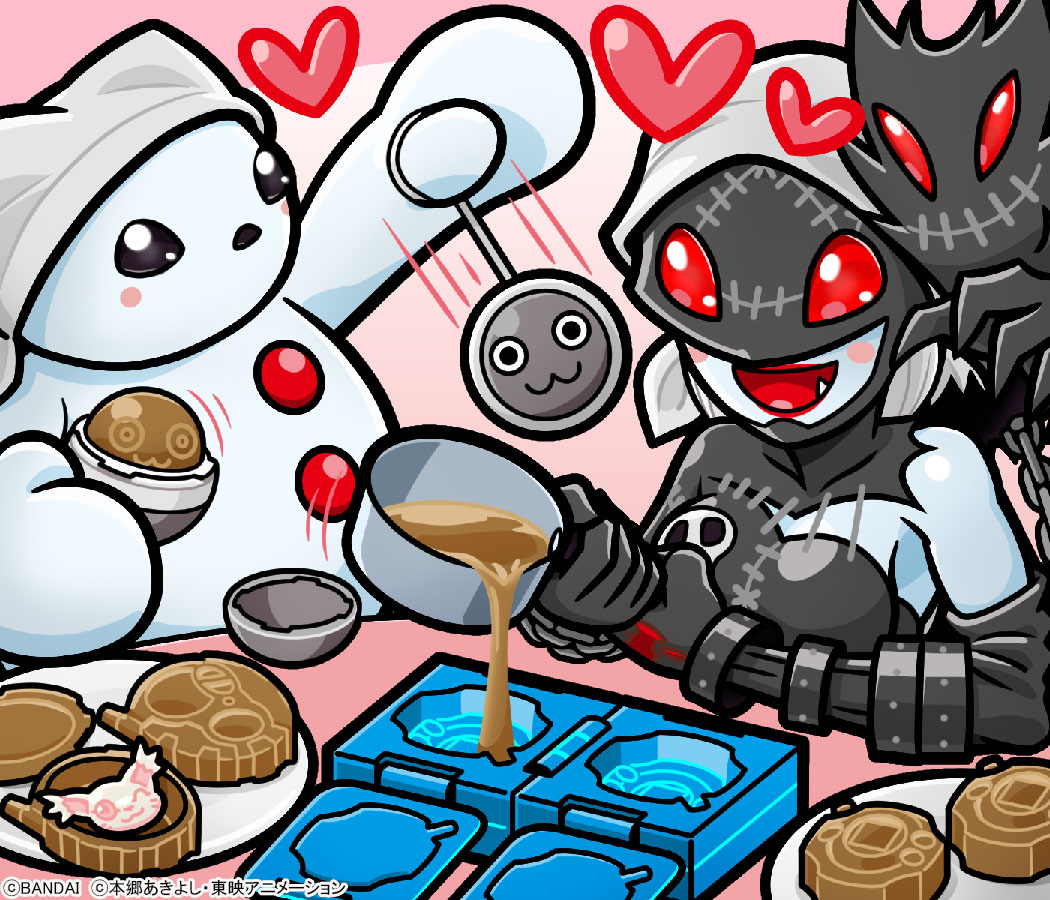 1girl black_bodysuit blue_skin bodysuit breasts chibi chocolate cleavage colored_skin digimon digimon_(creature) digimon_adventure digimon_adventure_02 digivice heart ladydevimon large_breasts mamemon official_art single_bare_shoulder snowman stitches tailmon valentine yukidarumon