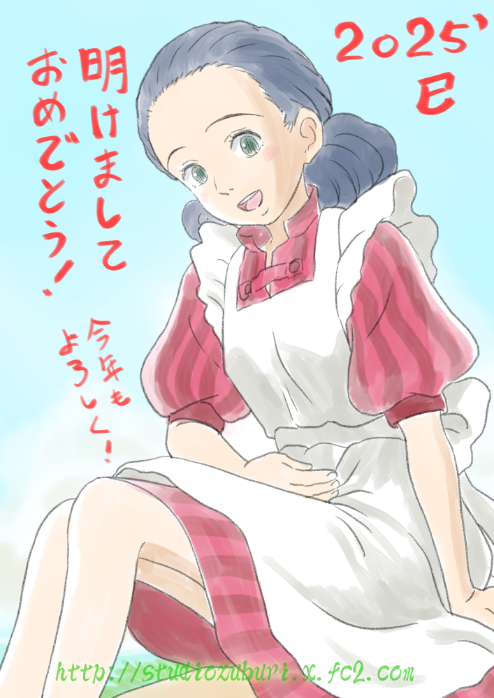 1girl 2025 20s apron arm_support black_hair blush chinese_zodiac cloud double_bun dress grass green_eyes hair_bun hand_on_own_stomach happy_new_year himi_(kimitachi_wa_dou_ikiru_ka) kimitachi_wa_dou_ikiru_ka looking_at_viewer new_year open_mouth puffy_sleeves red_dress short_sleeves sitting sky smile striped_clothes striped_dress studio_ghibli studio_zuburi white_apron year_of_the_snake