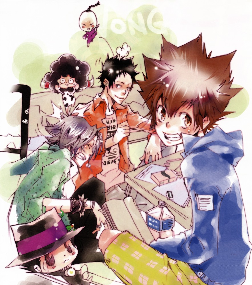5boys amano_akira animal animal_print black_hair book bottle brown_eyes brown_hair couch cow_print closed_eyes formal_clothes gokudera_hayato hat horns i-pin jewelry katekyo_hitman_reborn! lambo multiple_boys necktie reborn sawada_tsunayoshi short_hair silver_hair smile studying suit table yamamoto_takeshi