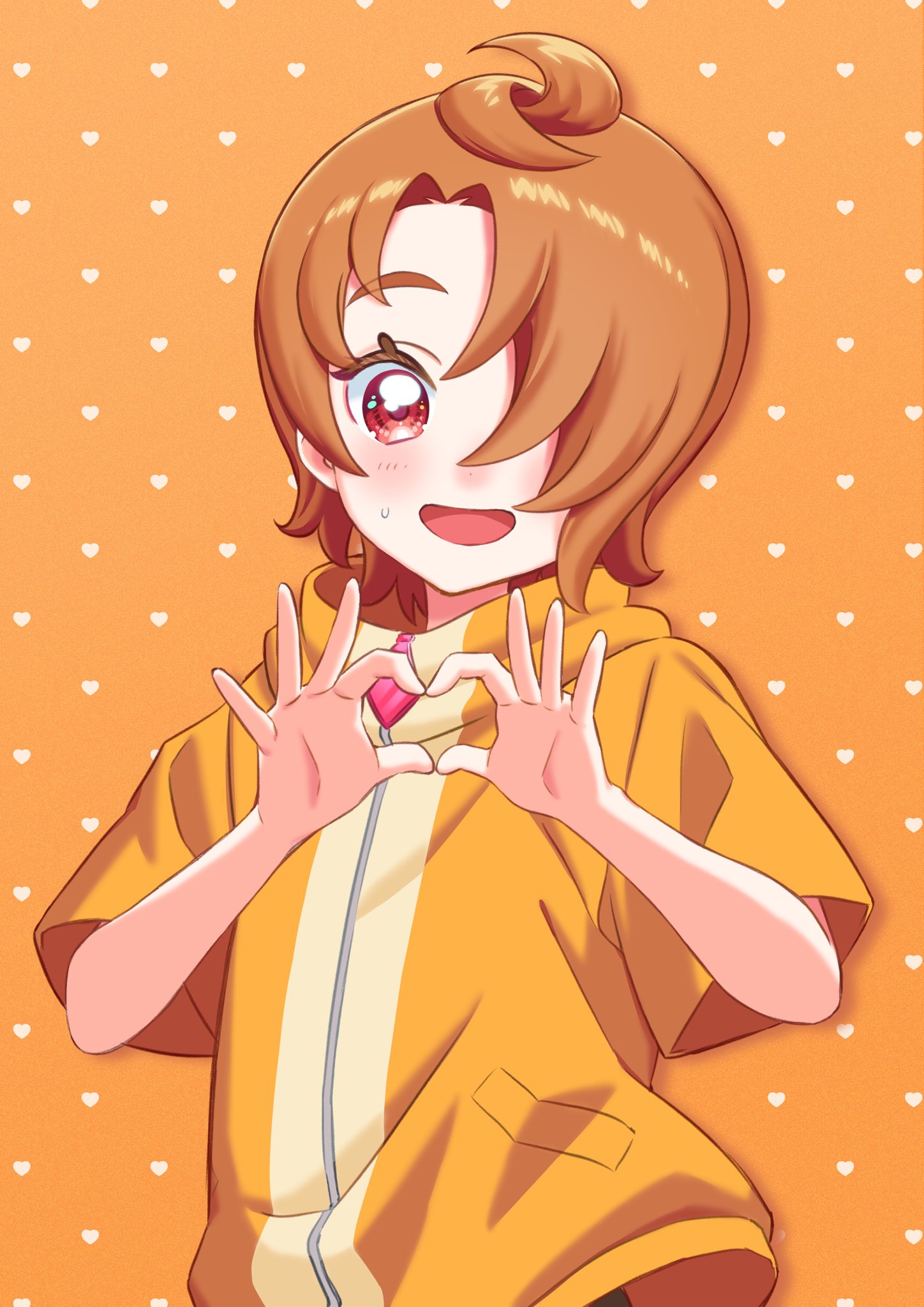 1boy ahoge bun_(jewd5385) commentary_request hair_over_one_eye heart heart_hands highres hirogaru_sky!_precure looking_at_viewer male_focus open_mouth orange_background orange_hair orange_shirt orange_theme precure red_eyes shirt short_hair short_sleeves smile solo standing sweatdrop upper_body yuunagi_tsubasa