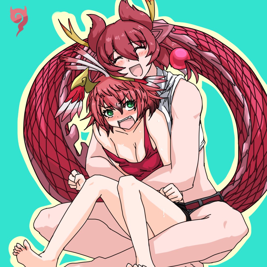2girls animal_ears black_hair blush breasts cleavage dragon_ears dragon_girl dragon_horns dragon_tail embarrassed extra_ears green_eyes hair_between_eyes head_wings horns hug hug_from_behind japari_symbol kemono_friends kemono_friends_3 kusamogura multicolored_horns multiple_girls off_shoulder open_mouth pink_horns red_dragon_(kemono_friends) red_eyes red_hair scale_print shirt short_hair smile suzaku_(kemono_friends) tail white_hair wings yellow_horns yuri