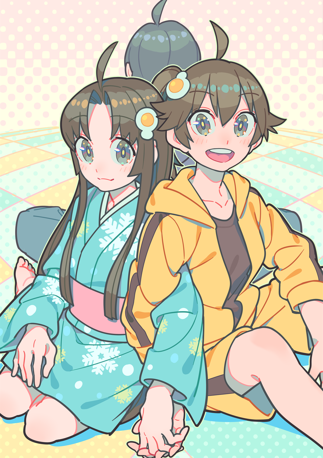 1other 2girls abstract_background ahoge araragi_karen araragi_tsukihi bakemonogatari barefoot black_hair blue_background blue_kimono brown_eyes brown_hair character_request checkered_background commentary_request double-parted_bangs egg_hair_ornament feet_out_of_frame food-themed_hair_ornament green_background grin hair_between_eyes hair_ornament halftone halftone_background highres interlocked_fingers jacket japanese_clothes kimono light_blush locked_arms long_hair long_sleeves monogatari_(series) multiple_girls nobile1031 obi parted_bangs pink_background pink_sash sash short_hair shorts sitting smile snowflake_print teeth track_jacket upper_teeth_only wide_sleeves yellow_background yellow_jacket yellow_shorts yokozuwari