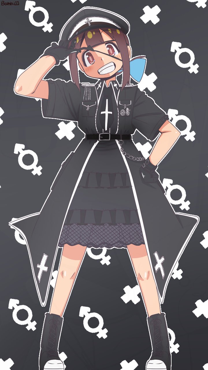 1girl alternate_costume bambi2000line belt black_background black_belt black_boots black_dress black_gloves black_hat black_necktie black_theme blue_hair blunt_bangs boots brown_eyes brown_hair chain commentary double-parted_bangs dress eyepatch eyepatch_lift full_body gloves grin hand_on_own_hip hand_up hat head_tilt highres hozuki_momiji legs_apart male-female_symbol multicolored_hair necktie onii-chan_wa_oshimai! outline ponytail short_hair short_ponytail short_sleeves simple_background smile solo standing two-tone_hair white_outline