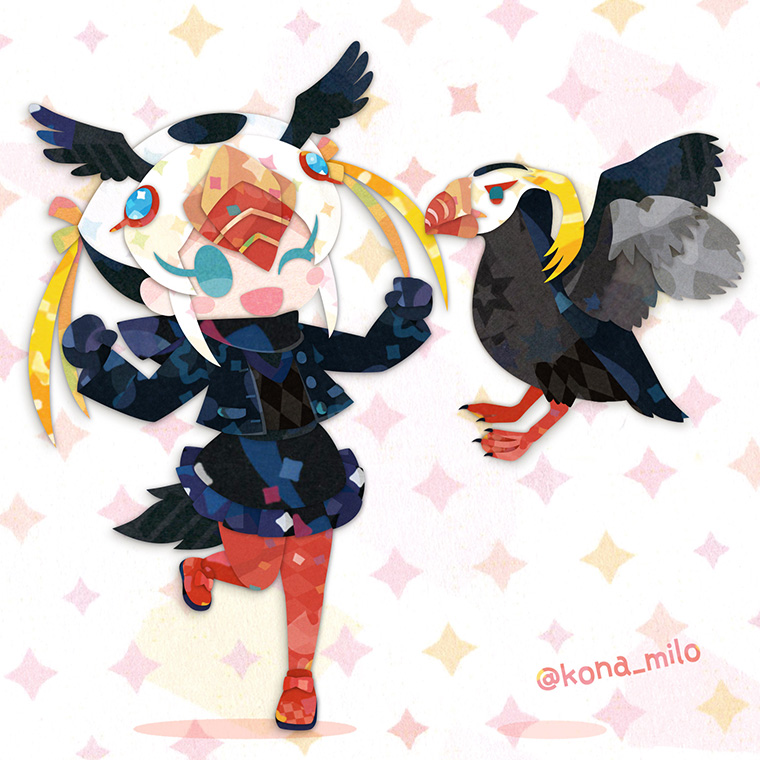 1girl animal bird bird_girl bird_tail bird_wings blazer blue_eyes gloves hair_ornament head_wings jacket kemono_friends kikuchi_milo looking_at_viewer one_eye_closed pantyhose ribbon scarf shoes short_hair simple_background skirt sweater_vest tail tufted_puffin_(kemono_friends) white_hair wings