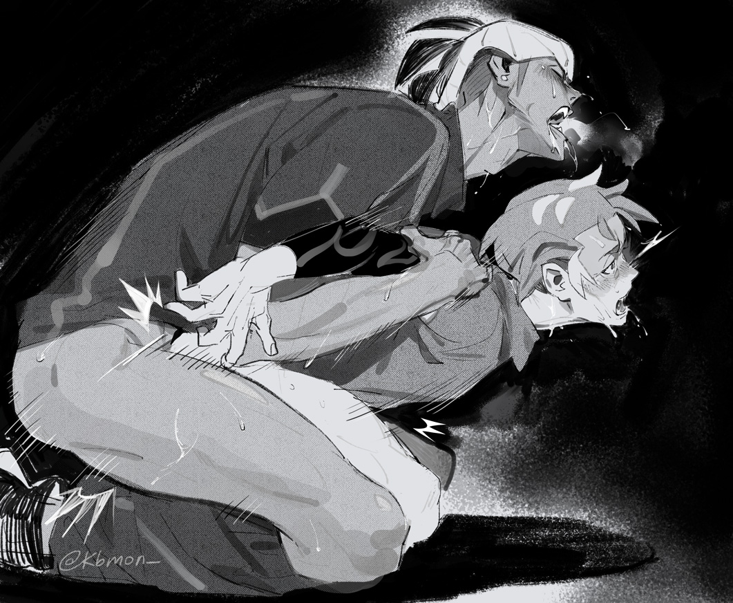 2boys anal closed_eyes clothed_sex clothes_pull drooling ear_piercing hat kabu_(pokemon) kb-mon male_focus multiple_boys nintendo pants pants_pull piercing pokemon pokemon_swsh raihan_(pokemon) short_hair yaoi