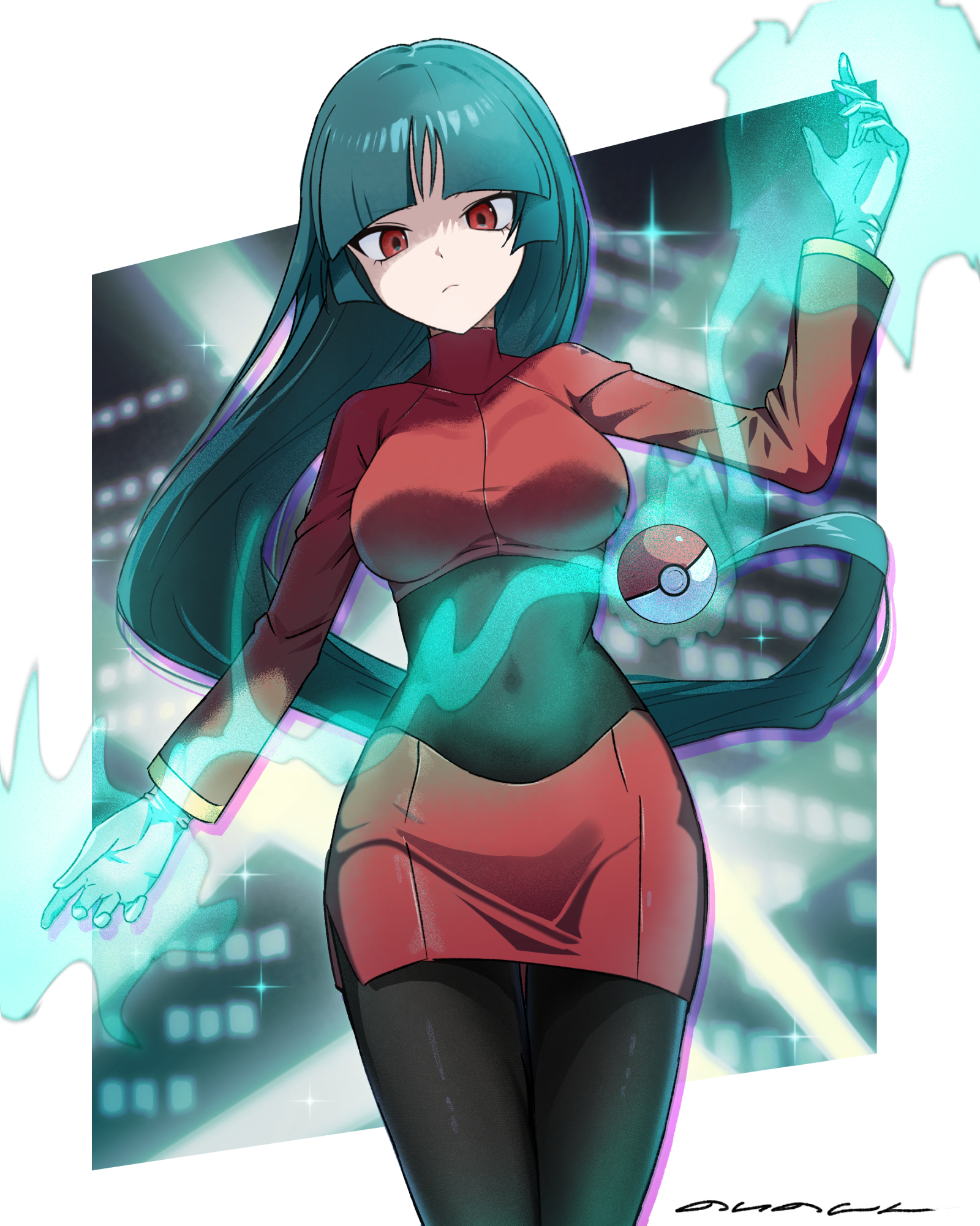 1girl black_bodysuit bodysuit bodysuit_under_clothes border breasts closed_mouth commentary_request covered_navel cowboy_shot floating_hair frown gloves green_hair hand_up highres jacket long_hair long_sleeves looking_down nintendo noinoshi outside_border poke_ball poke_ball_(basic) pokemon pokemon_frlg psychic red_eyes red_jacket red_skirt sabrina_(pokemon) side_slit skirt solo sparkle telekinesis very_long_hair white_border white_gloves