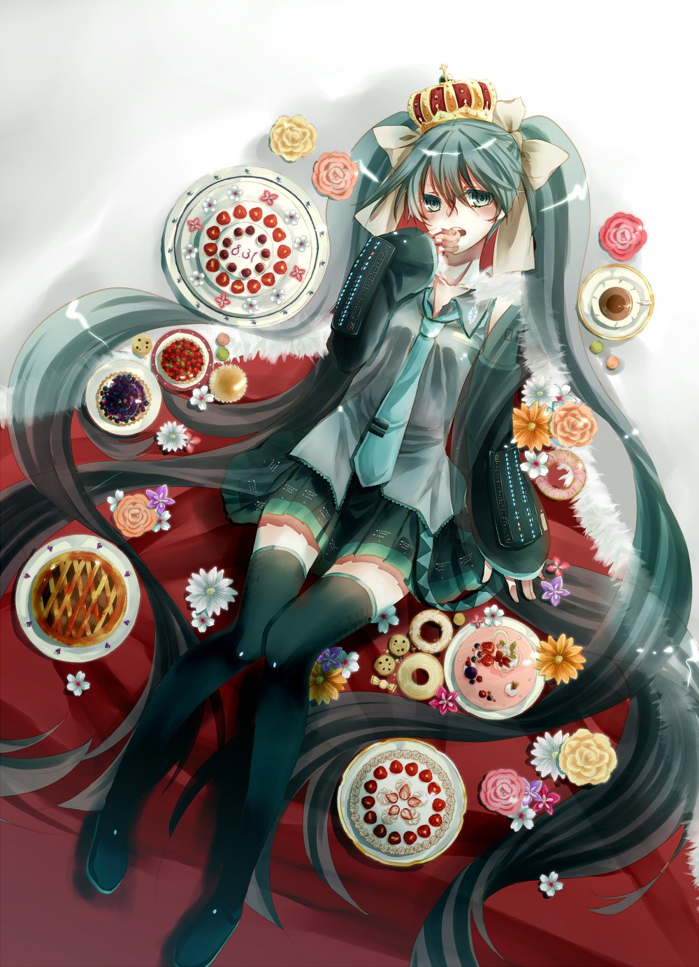 1girl aqua_eyes aqua_hair boots cake crown detached_sleeves eating female_focus flower food hair_ribbon hatsune_miku highres koyoru-f long_hair necktie pie ribbon sitting skirt solo sweats sweets thigh_boots thighhighs twintails very_long_hair vocaloid