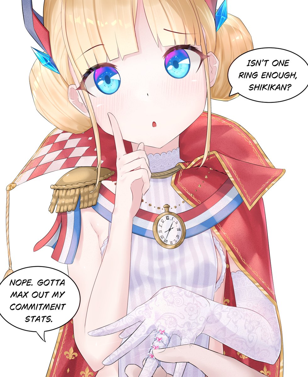 1boy 1girl azur_lane blonde_hair blue_eyes blunt_bangs blush breasts cape chestnut_mouth collar commander_(azur_lane) commentary double_bun english_commentary epaulettes fingernails fleur-de-lis french_flag frills gameplay_mechanics gloves hair_bun hair_ornament headgear highres jewelry le_triomphant_(azur_lane) leotard mister_varkat multiple_rings open_mouth pendant_watch pointing pointing_up pov pov_hands putting_on_jewelry red_cape ring short_hair sideless_outfit sidelocks simple_background single_epaulette single_glove small_breasts speech_bubble standing striped_clothes striped_leotard striped_thighhighs tassel thighhighs triangle_mouth two-sided_cape two-sided_fabric vertical-striped_clothes vertical-striped_thighhighs watch wedding_ring