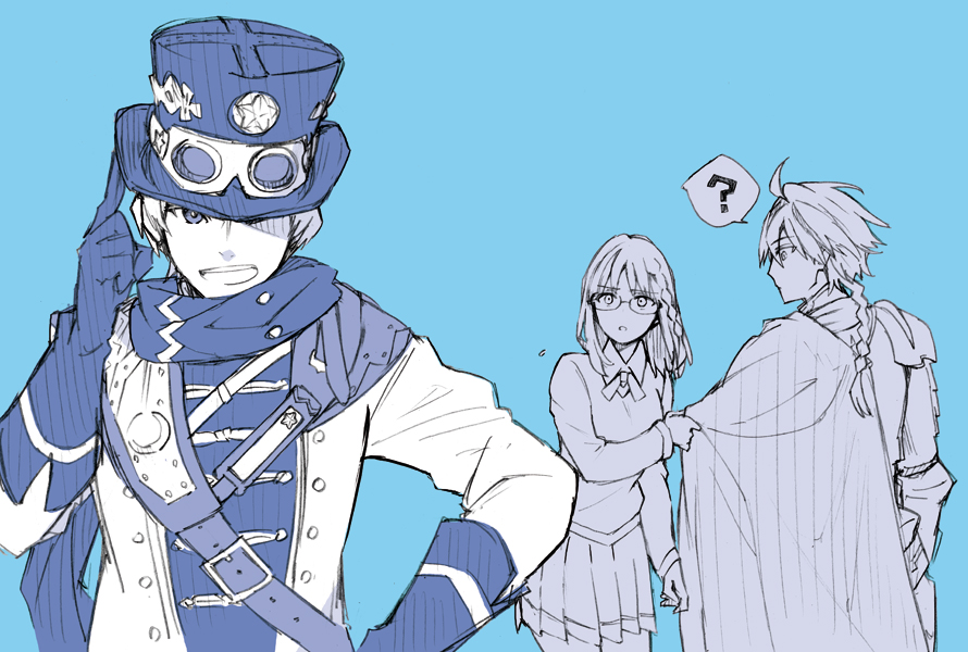 1girl 2boys ? ahoge blue_background blue_theme braid cape fate/strange_fake fate_(series) gloves goggles goggles_on_headwear hat isshoku_(shiki) long_sleeves looking_at_another looking_at_viewer multiple_boys open_mouth richard_i_(fate) saint_germain_(fate) sajou_ayaka_(fate/prototype) sajou_ayaka_(fate/strange_fake) scarf simple_background skirt smile