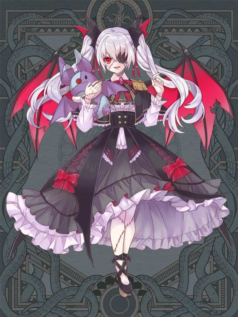 1girl :d ankle_ribbon ascot bat_wings black_ascot black_capelet black_ribbon black_shoes black_skirt bow bow_skirt capelet collared_shirt cross-laced_clothes dairoku_ryouhei dress_shirt epaulettes eyepatch frilled_eyepatch frilled_skirt frilled_sleeves frills full_body grey_background grey_skirt hair_between_eyes hair_ornament hands_up high-waist_skirt high_heels holding holding_stuffed_toy leg_ribbon legs_together long_hair long_sleeves looking_at_viewer medium_skirt neck_ribbon open_mouth pumps red_bow red_eyes red_ribbon red_wings ribbon se00tu shirt shoes skirt smile snake solo standing stitched_arm stitched_face stitched_leg stitched_neck stitches stuffed_bat stuffed_toy torn_wings twintails two-tone_skirt vampire white_hair white_shirt wing_hair_ornament wings