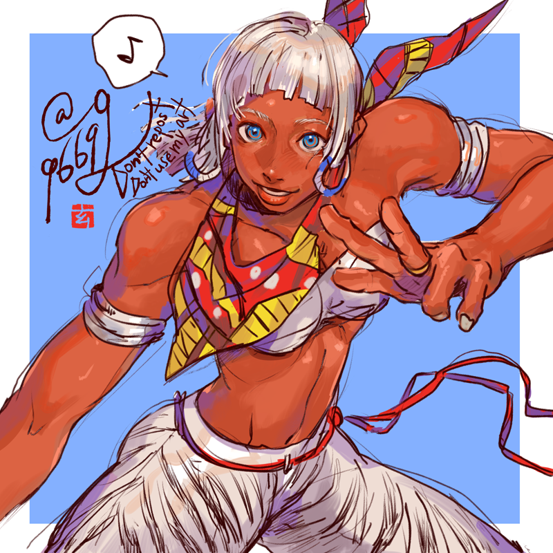 1girl animal_print artist_name bandeau blue_eyes bracelet breasts cleavage dark-skinned_female dark_skin dated earrings elena_(street_fighter) jewelry kurononekojyo looking_at_viewer navel official_alternate_costume open_mouth scarf short_hair solo stomach street_fighter street_fighter_6 sweat white_bandeau white_hair zebra_print