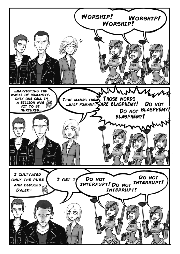 comic dalek doctor_who jack_harkness jacket leather leather_jacket monochrome multiple_girls ninth_doctor personification rose_tyler short_hair teeth