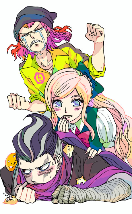 10s 1girl 2boys bandages beanie black_hair blonde_hair blue_eyes blush bow braid cham-p chara_rira chuunibyou crying danganronpa_(series) danganronpa_2:_goodbye_despair dress hair_bow hamster hat heterochromia jacket jum-p jumpsuit long_hair lying_on_person maga-g multicolored_hair multiple_boys pink_hair ponytail scar scarf scarf_over_mouth sharp_teeth short_hair side_braid simple_background smile soda_kazuichi sonia_nevermind sun-d tanaka_gundam tanaka_gundham tears teeth