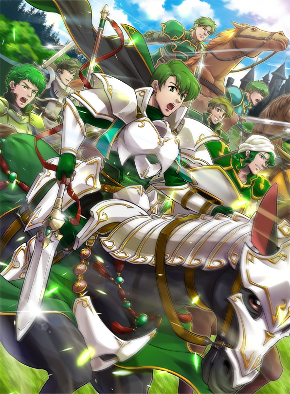 6+boys abel_(fire_emblem) alec_(fire_emblem) armor commentary_request day fire_emblem fire_emblem:_genealogy_of_the_holy_war fire_emblem:_mystery_of_the_emblem fire_emblem:_path_of_radiance fire_emblem:_the_binding_blade fire_emblem:_the_blazing_blade fire_emblem:_the_sacred_stones fire_emblem_awakening fire_emblem_cipher green_armor green_eyes green_hair headband holding holding_polearm holding_weapon horse horseback_riding kyle_(fire_emblem) lance_(fire_emblem) male_focus mineri multiple_boys nintendo official_art open_mouth oscar_(fire_emblem) outdoors polearm riding sain_(fire_emblem) short_hair sky stahl_(fire_emblem) weapon white_armor
