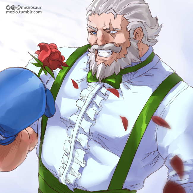 1boy beard blue_eyes blue_gloves bow bowtie boxing_gloves cosplay crossover dress_shirt dudley dudley_(cosplay) facial_hair flower gloves grey_hair grin male_focus meziosaur mustache one-eyed overwatch overwatch_1 reinhardt_(overwatch) rose scar scar_across_eye scar_on_face shirt smile solo street_fighter suspenders