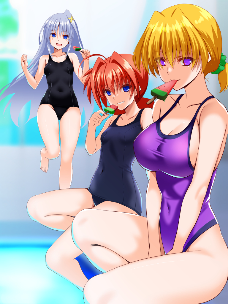 3girls black_one-piece_swimsuit blonde_hair blue_eyes blue_hair blue_one-piece_swimsuit breasts cleavage collarbone covered_navel engo_(aquawatery) food grin hair_ornament hair_scrunchie large_breasts long_hair looking_at_viewer lyrical_nanoha multiple_girls one-piece_swimsuit open_mouth outdoors ponytail pool popsicle purple_eyes purple_one-piece_swimsuit red_hair reinforce_zwei school_swimsuit scrunchie shamal sky small_breasts smile swimsuit vita_(nanoha) watermelon_bar x_hair_ornament